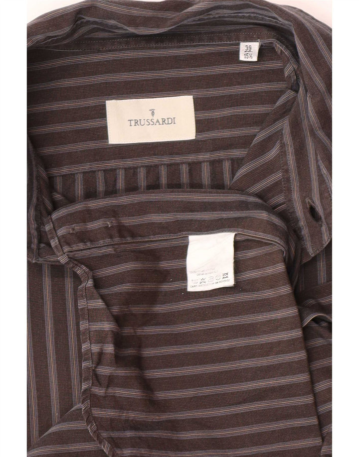 Camisa masculina Trussardi tamanho 39 15 1/2 algodão listrado cinza médio