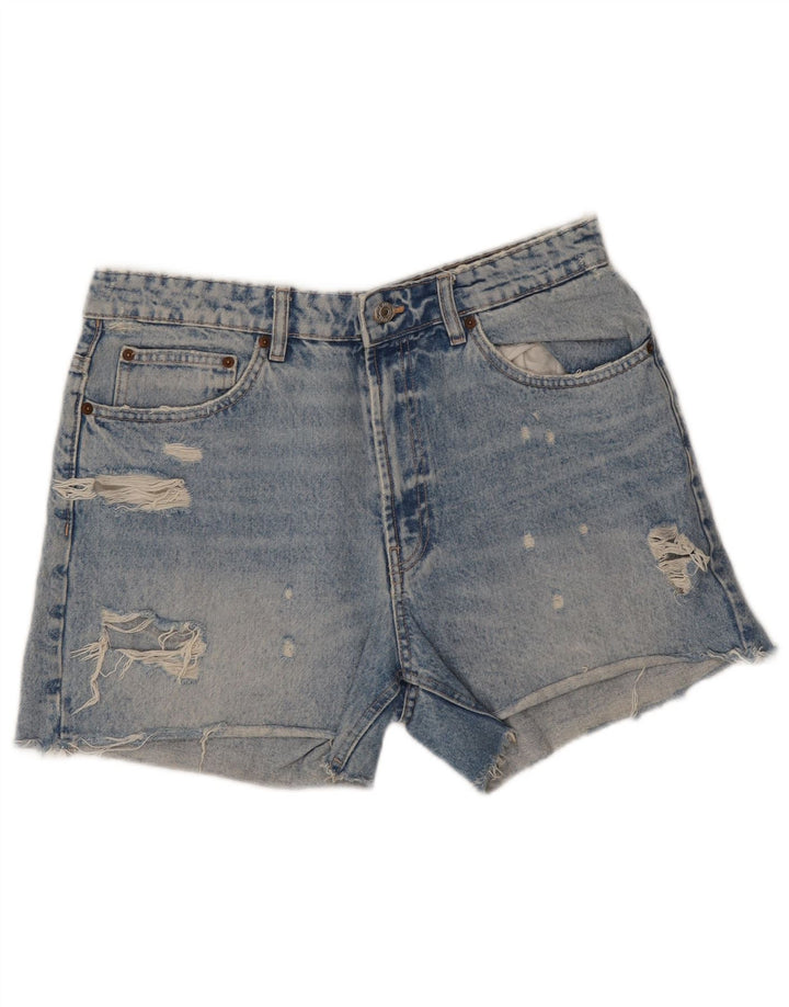 Zara Shorts jeans feminino desgastado UE 42 grande W32 algodão azul