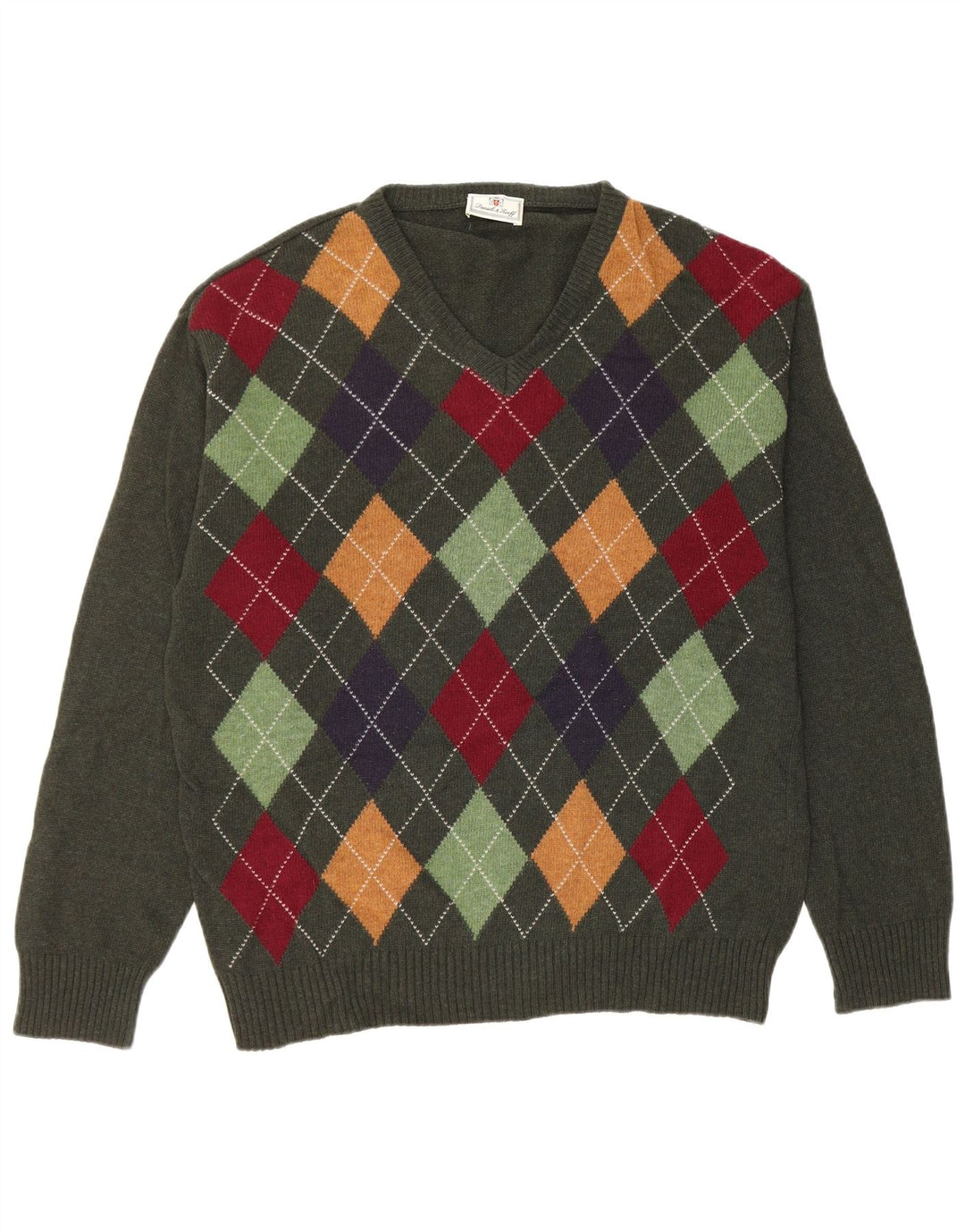 Suéter masculino VINTAGE com decote em V médio verde Argyle/Diamante lã nova