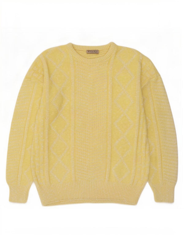 Suéter vintage masculino com gola redonda IT 52 grande algodão geométrico amarelo