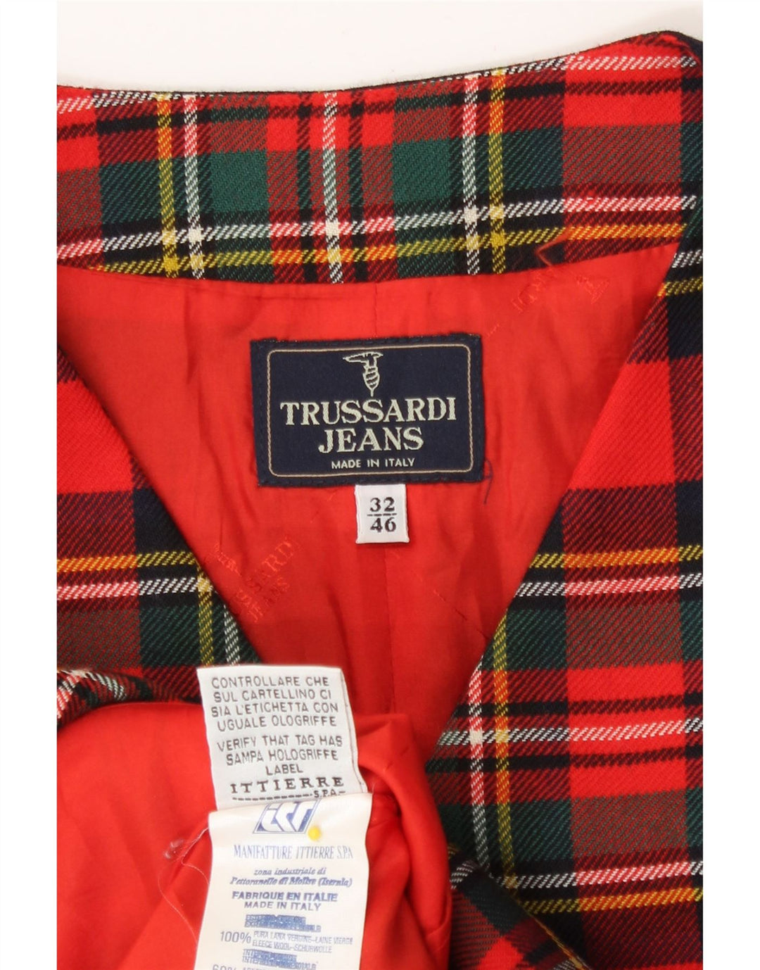 Colete feminino Trussardi Longline IT 46 grande lã virgem xadrez vermelha