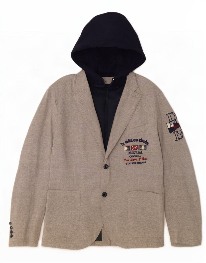 Jaqueta blazer masculina Desigual com capuz e 2 botões UK 48 4XL cinza colorblock
