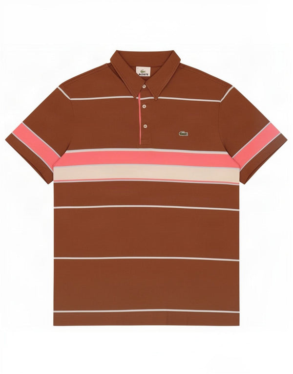 Camisa polo masculina Lacoste tamanho 4 algodão listrado marrom médio
