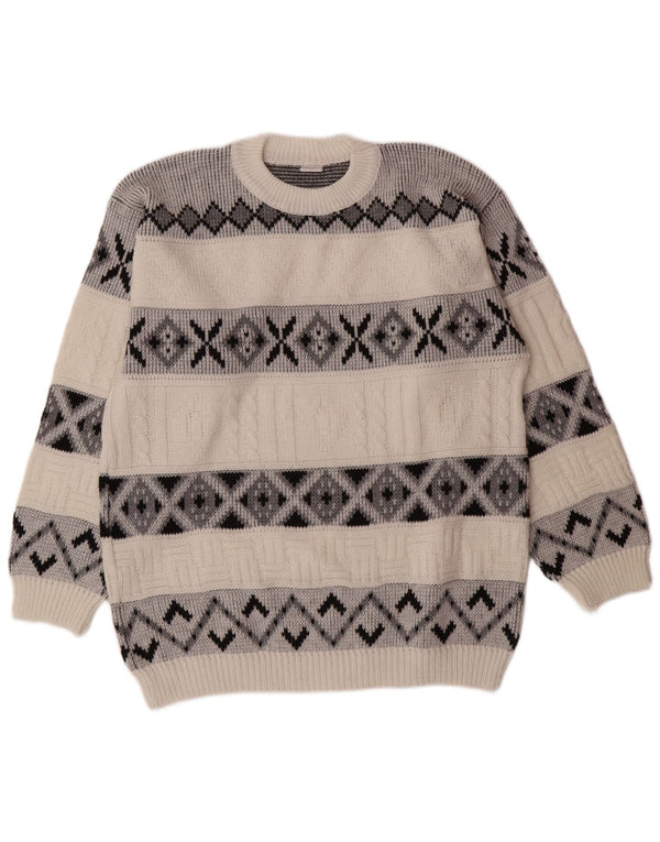 Suéter masculino VINTAGE com gola redonda grande branco Fair Isle