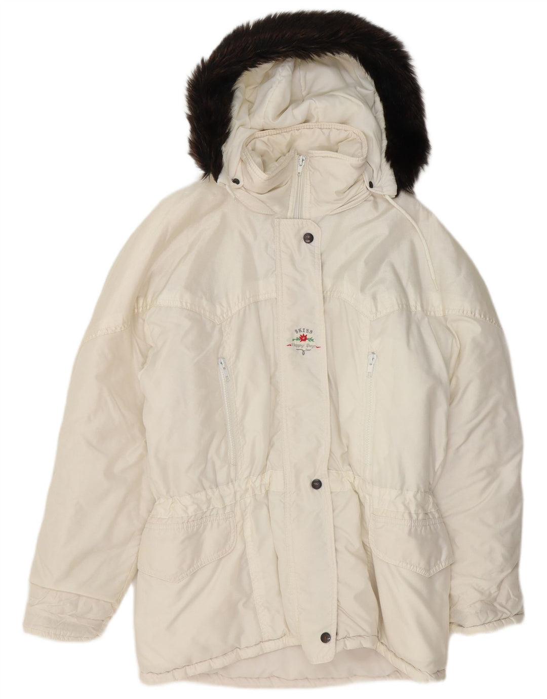 Jaqueta acolchoada com capuz feminina vintage UK 14 grande branca