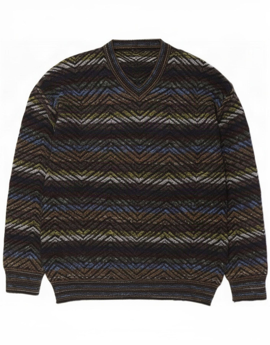 Suéter masculino vintage com decote em V grande geométrico multicolorido