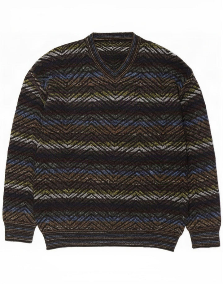 Suéter masculino vintage com decote em V grande geométrico multicolorido