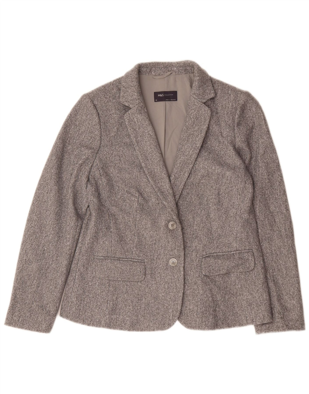 Jaqueta blazer feminina de 2 botões Marks & Spencer Reino Unido 12 poliéster cinza médio