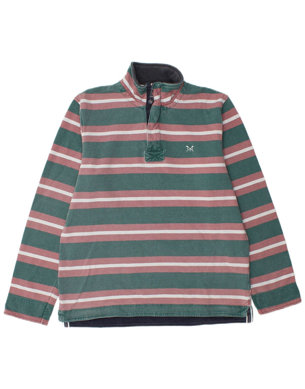 Crew Clothing Mens Zip Neck Moletom Jumper Médio Verde Listrado Algodão
