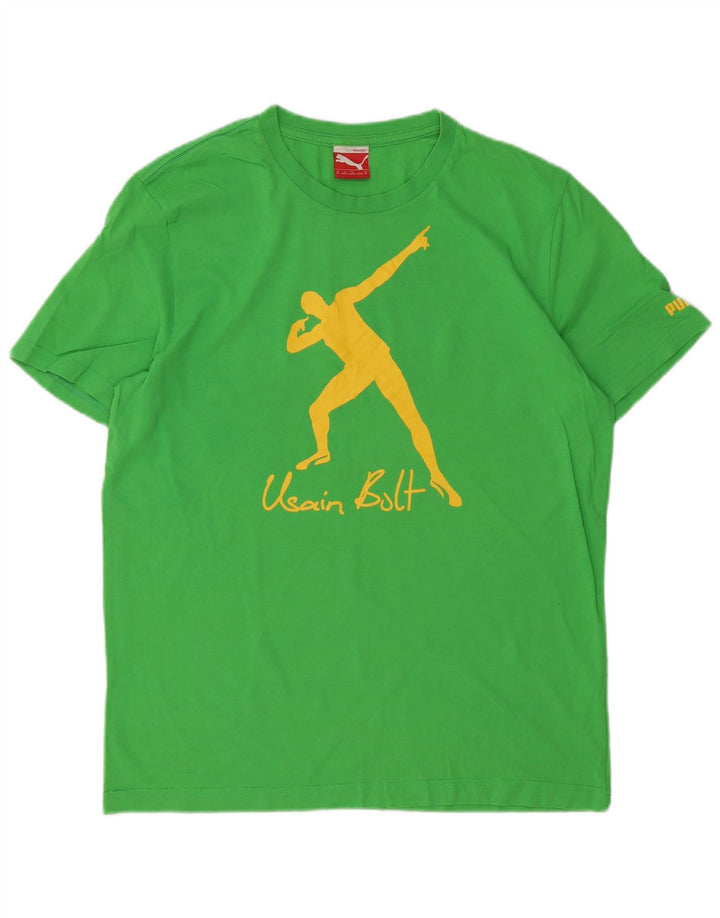 Camiseta masculina Puma Usain Bolt com estampa gráfica de algodão verde médio