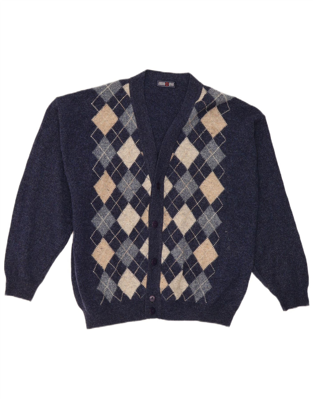 Suéter Cardigan Masculino Vintage XL Azul Marinho Argyle/Lã Diamante