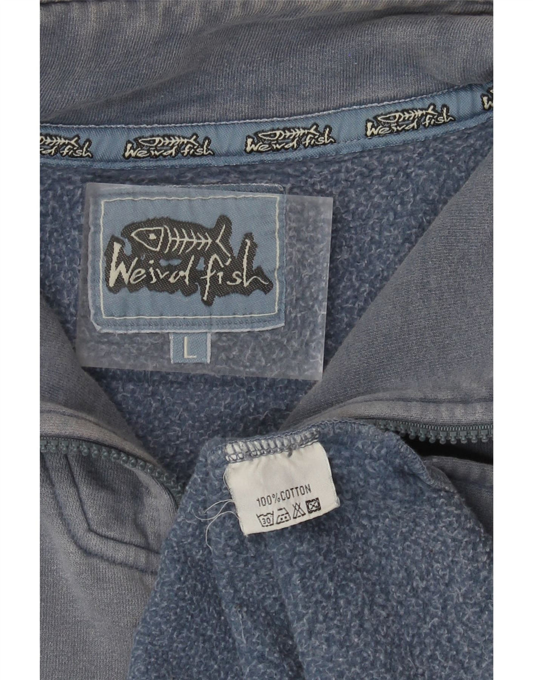 WEIRD FISH Suéter masculino com zíper e gola grande de algodão azul