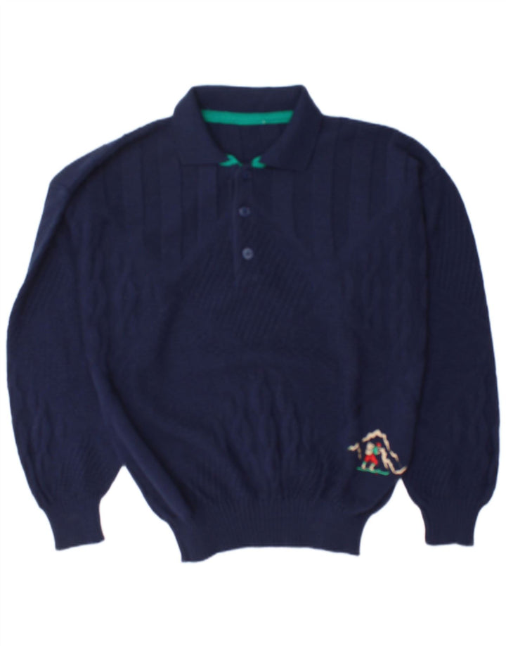 Suéter vintage masculino com gola polo, grande lã azul marinho