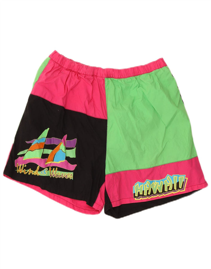 Shorts de natação feminino vintage UK 14 bloco colorido médio multicolorido