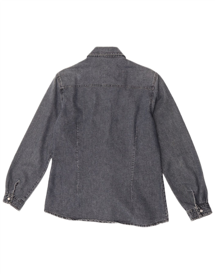 Camisa jeans feminina vintage Reino Unido 14 algodão cinza médio