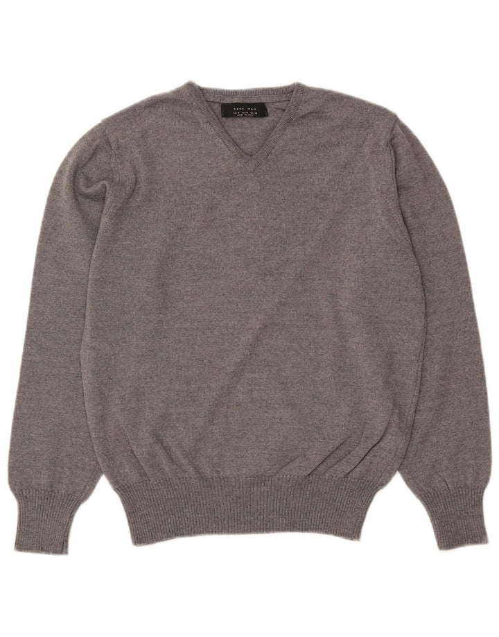 Suéter masculino ZARA com decote em V de lã cinza médio