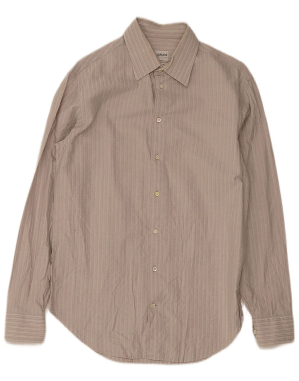 Camisa masculina Armani Collezioni tamanho 40 15 3/4 algodão listrado bege médio