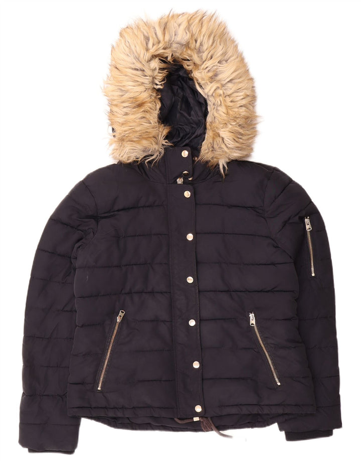 Jaqueta feminina acolchoada com capuz Topshop UK 14 poliéster azul marinho médio