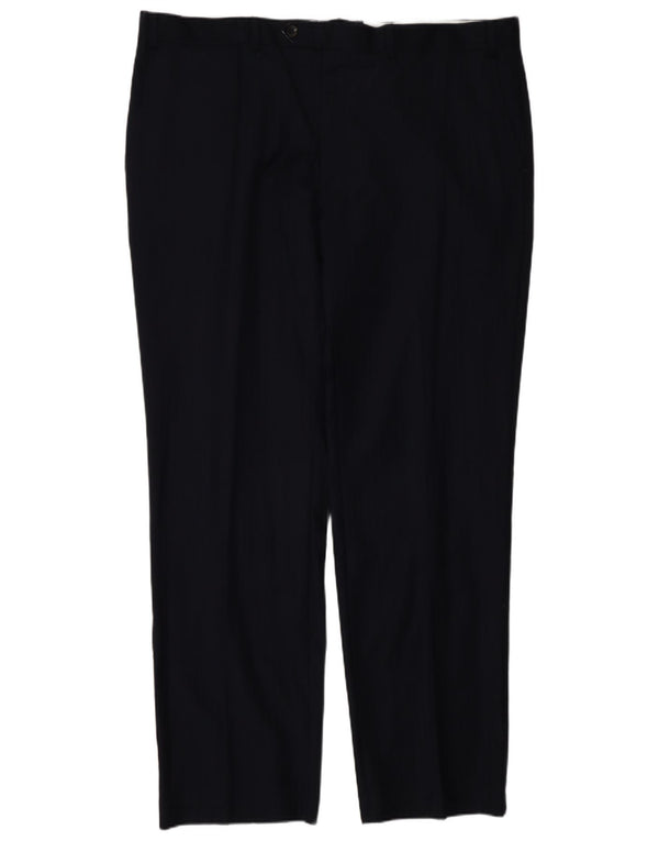 Calça masculina de terno reto Marks & Spencer W42 L33 lã listrada azul marinho
