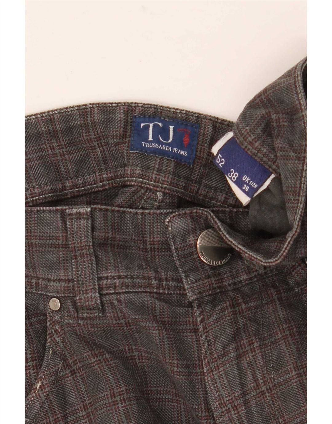 Trussardi Calça masculina reta casual W36 L32 cinza xadrez