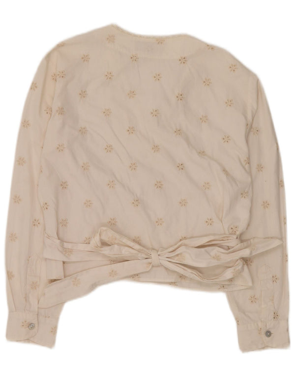 Blusa feminina vintage manga comprida envolvente IT 46 grande algodão floral branco