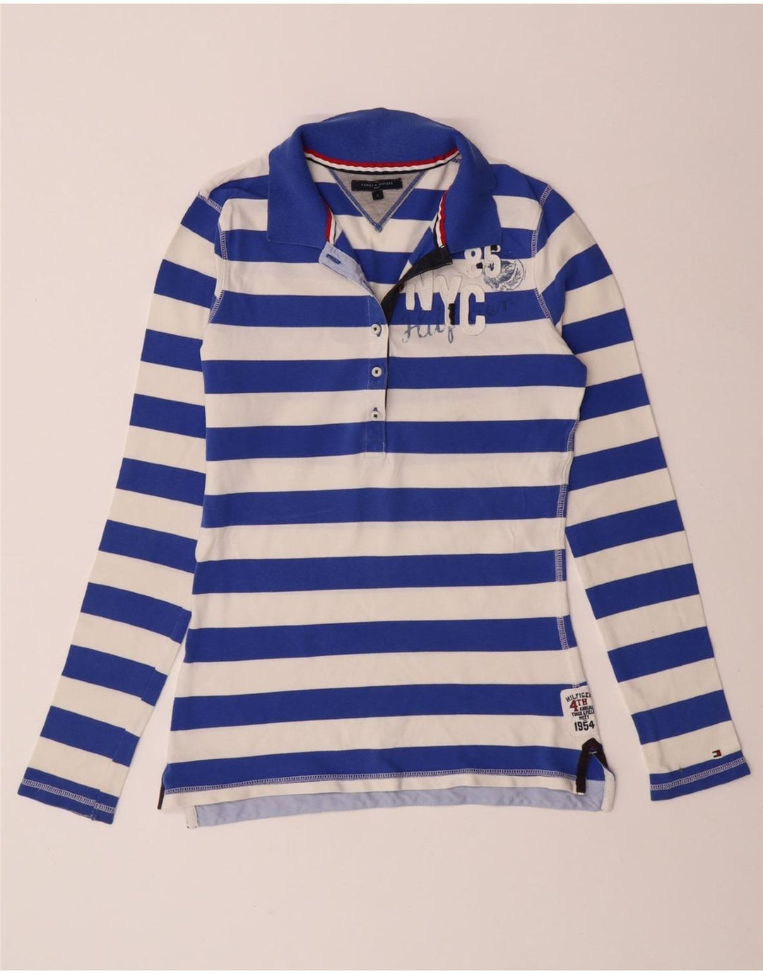 Camisa polo feminina TOMMY HILFIGER com estampa de rugby Reino Unido 10 pequena listrada azul