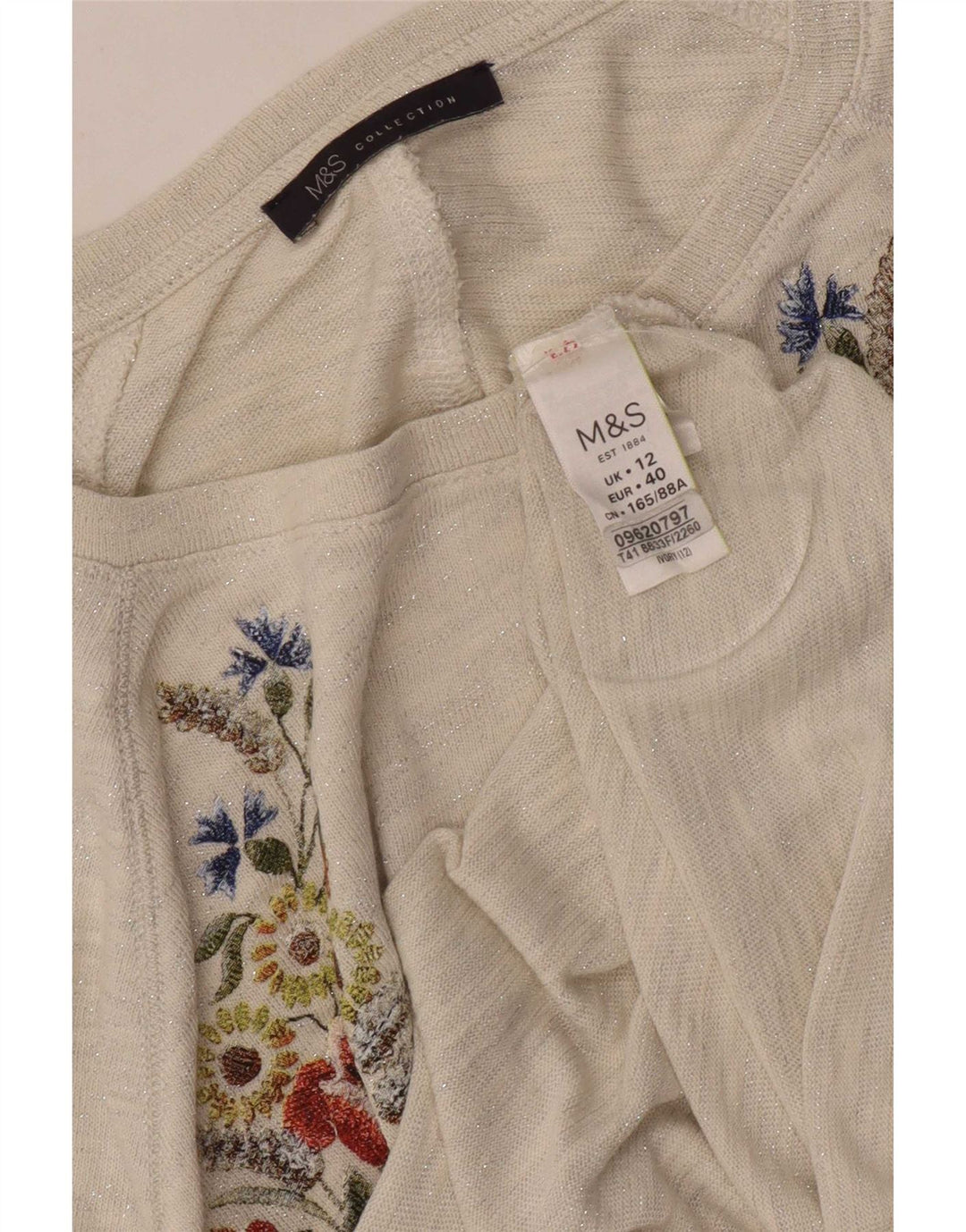 Top gráfico feminino Marks & Spencer manga 3/4 UK 12 médio off white floral