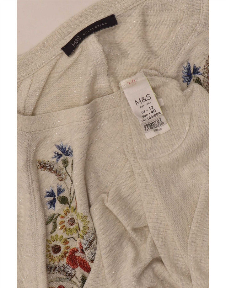 Top gráfico feminino Marks & Spencer manga 3/4 UK 12 médio off white floral