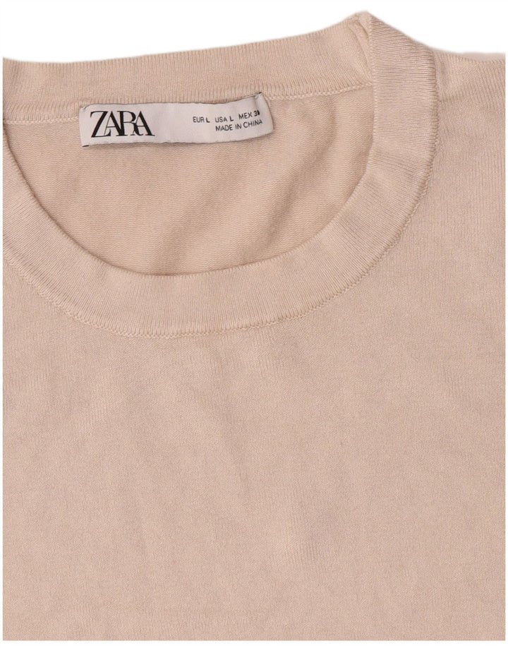 Zara Suéter feminino com gola redonda, Reino Unido 14, grande, bege
