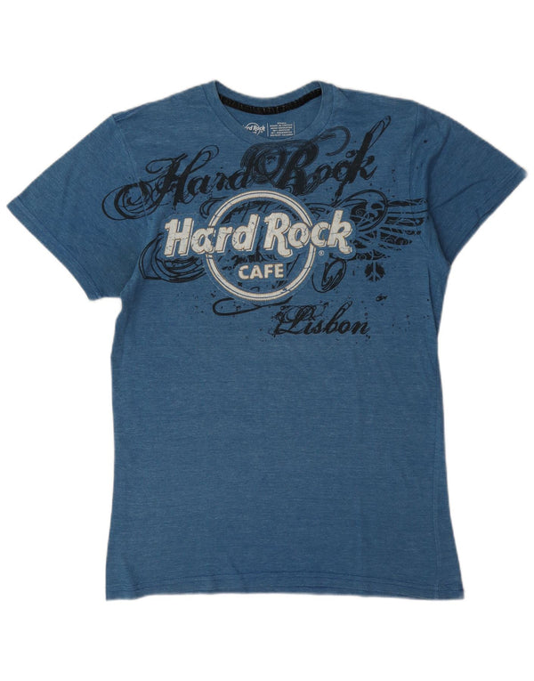 Camiseta feminina Hard Rock Cafe Lisboa com estampa gráfica UK 10 pequena azul manchada