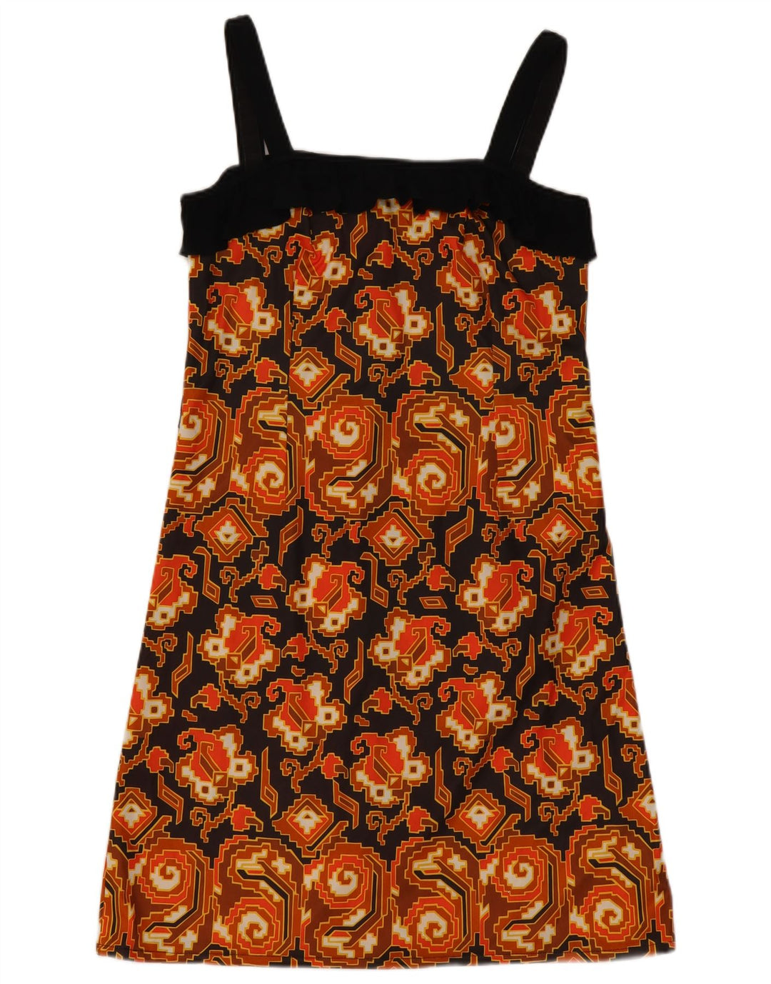 Vestido de verão feminino vintage Reino Unido 10 pequeno marrom geométrico