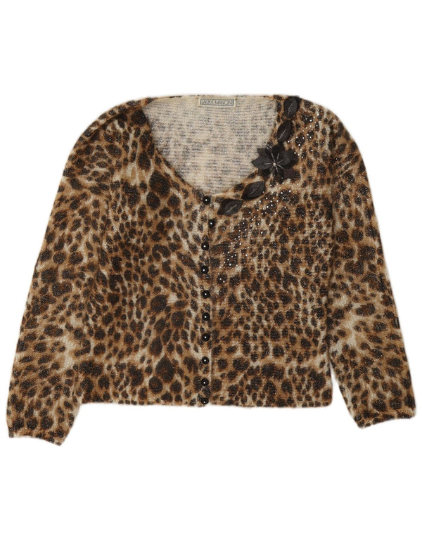 Suéter cardigã feminino vintage Reino Unido 10 estampa animal marrom pequena