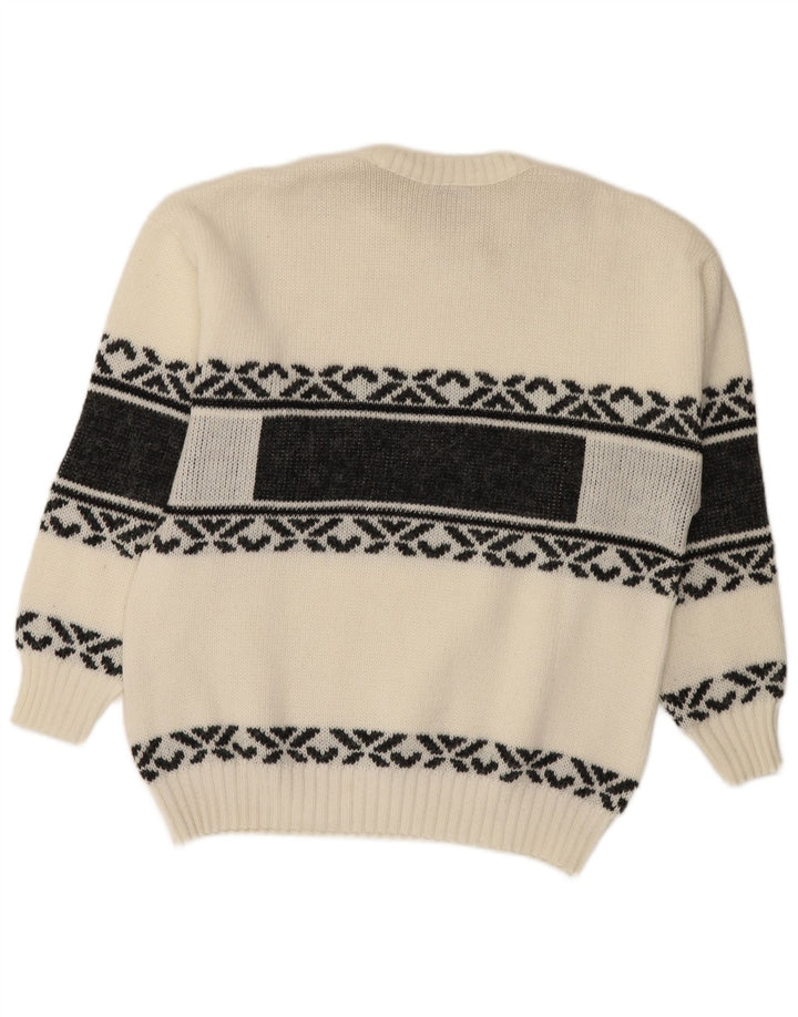 Suéter vintage masculino com gola redonda, médio, branco, Fair Isle