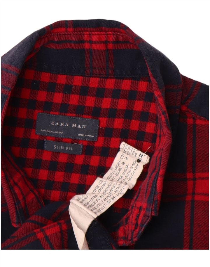Zara Camisa masculina de flanela slim fit grande algodão xadrez vermelho