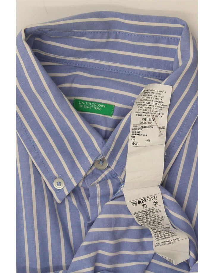 Camisa masculina Benetton de algodão listrado azul médio