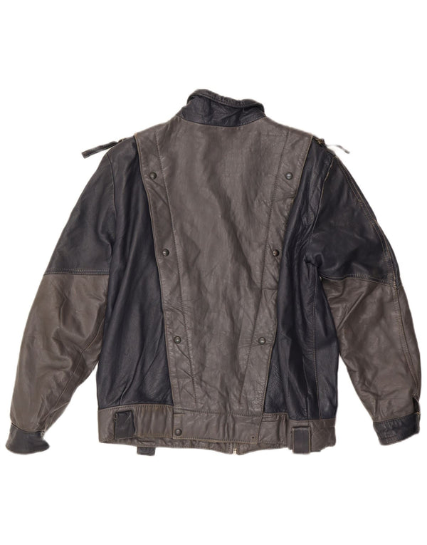 Jaqueta de couro feminina VINTAGE UK 14 bloco colorido cinza médio