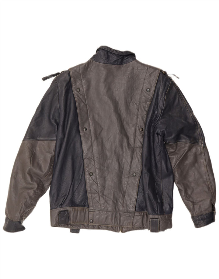 Jaqueta de couro feminina VINTAGE UK 14 bloco colorido cinza médio