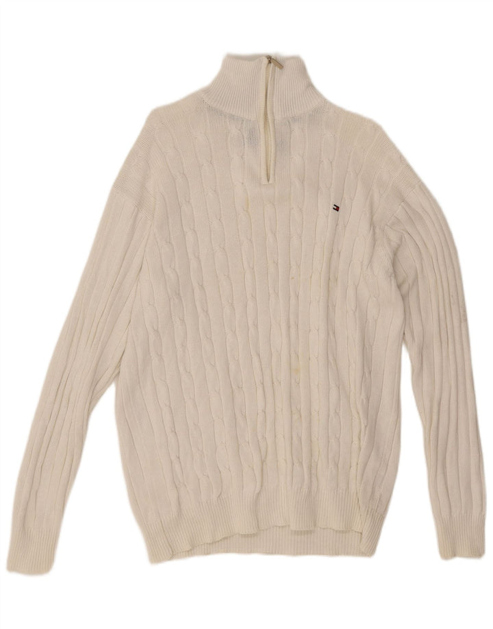 Suéter masculino Tommy Hilfiger com zíper e gola grande de algodão branco