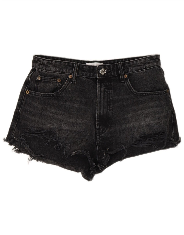 Zara Shorts jeans feminino desgastado UE 38 pequeno W28 algodão preto
