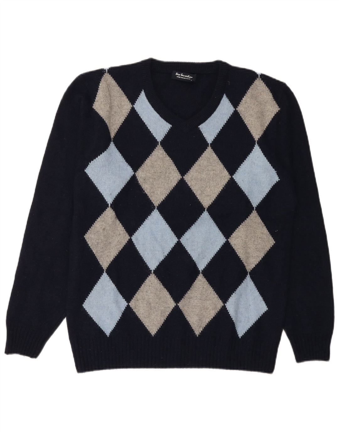 Suéter masculino New Sensation com decote em V grande azul marinho Argyle/Diamante