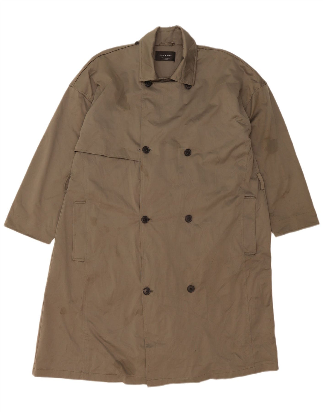 Zara Mens Trench Coat UK 36 Pequeno Poliéster Cáqui