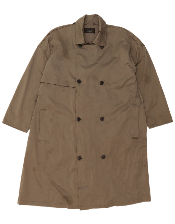 Zara Mens Trench Coat UK 36 Pequeno Poliéster Cáqui
