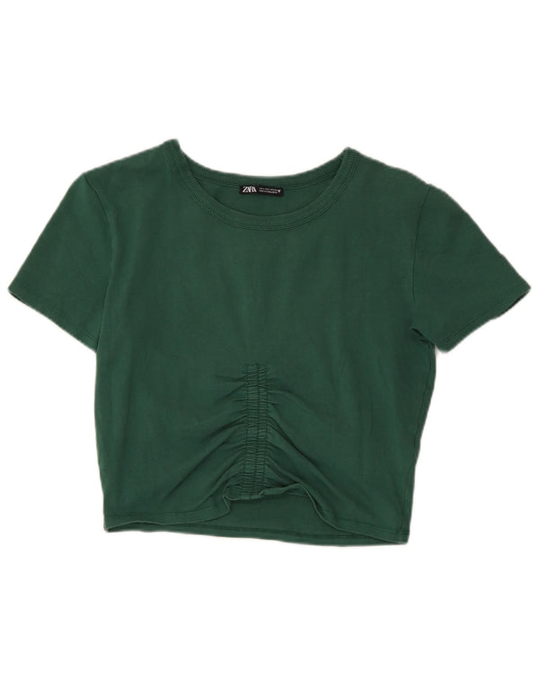Zara Womens Crop T-Shirt Top Reino Unido 14 Grande Algodão Verde