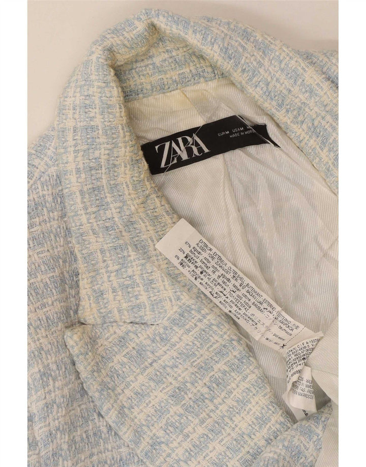 Jaqueta blazer feminina Zara com peito duplo Reino Unido 12 algodão xadrez azul médio