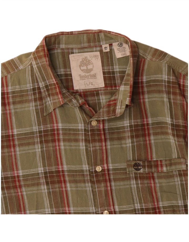 Camisa masculina de manga curta Timberland grande cáqui xadrez algodão clássico