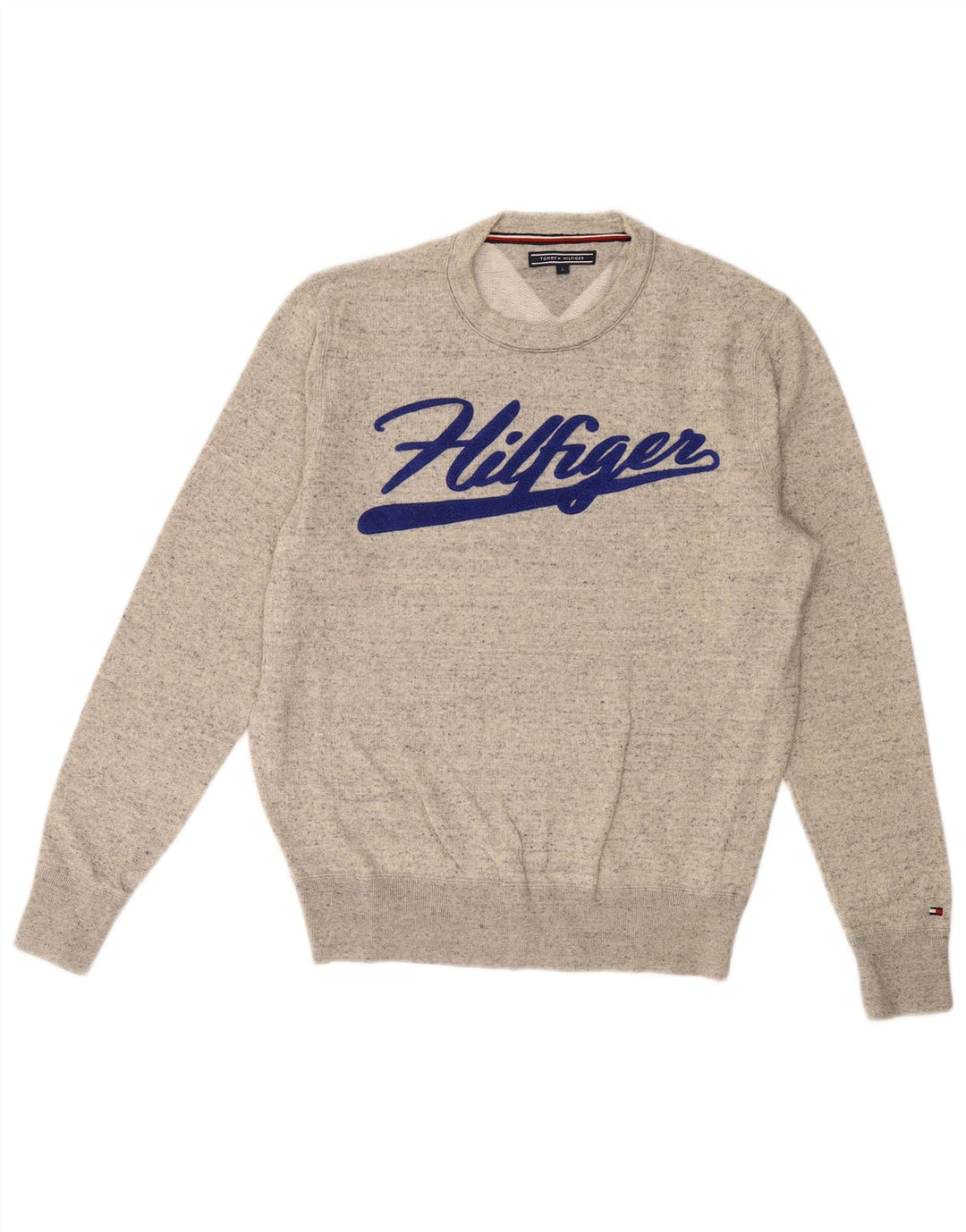 TOMMY HILFIGER Suéter gráfico masculino grande algodão manchado cinza