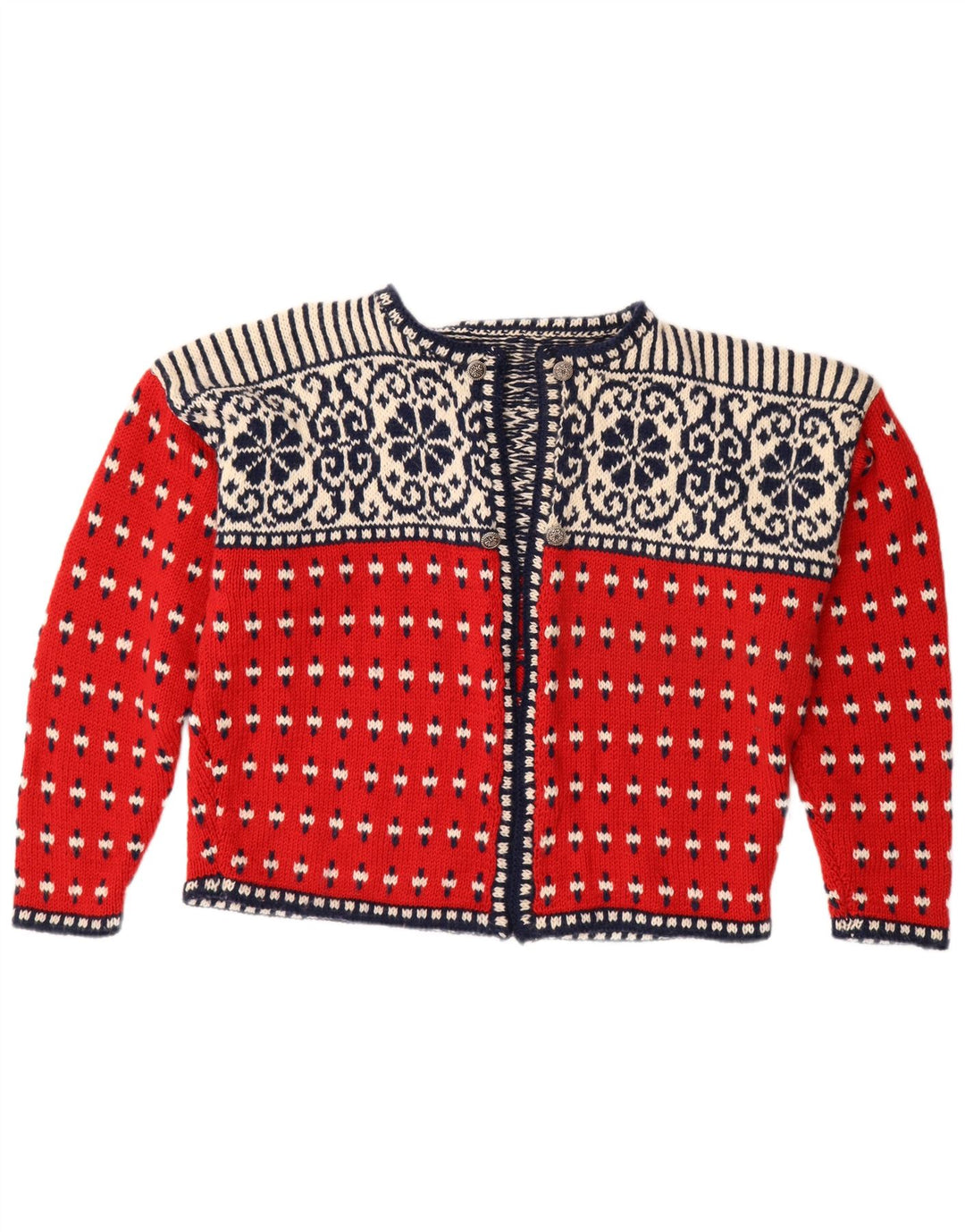 Suéter cardigã aberto feminino VINTAGE UK 18 XL Red Fair Isle