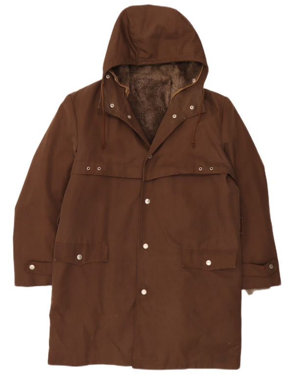 Jaqueta vintage masculina Sherpa Parka com capuz Reino Unido 40 grande marrom poliacrílico