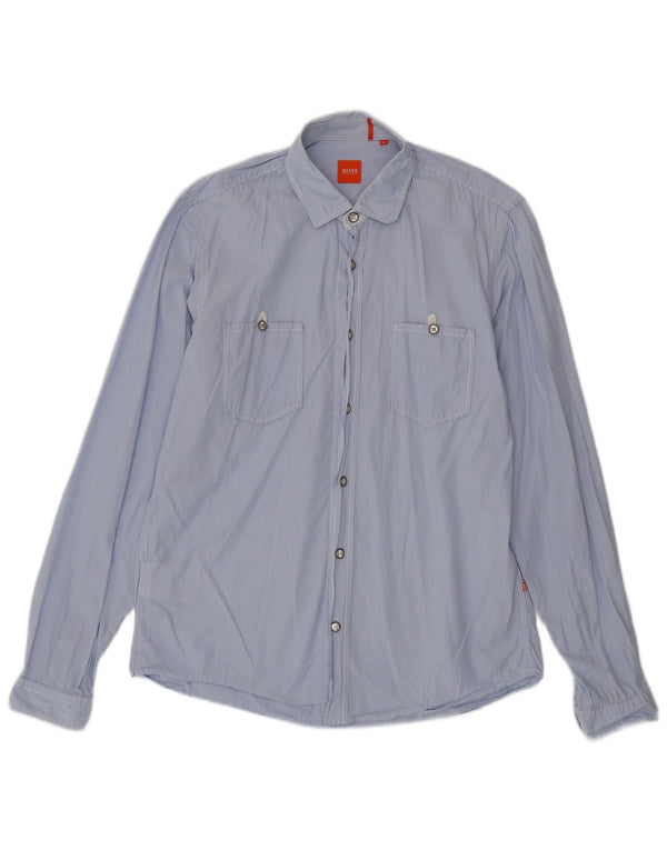 Camisa masculina Hugo Boss de algodão listrado azul médio