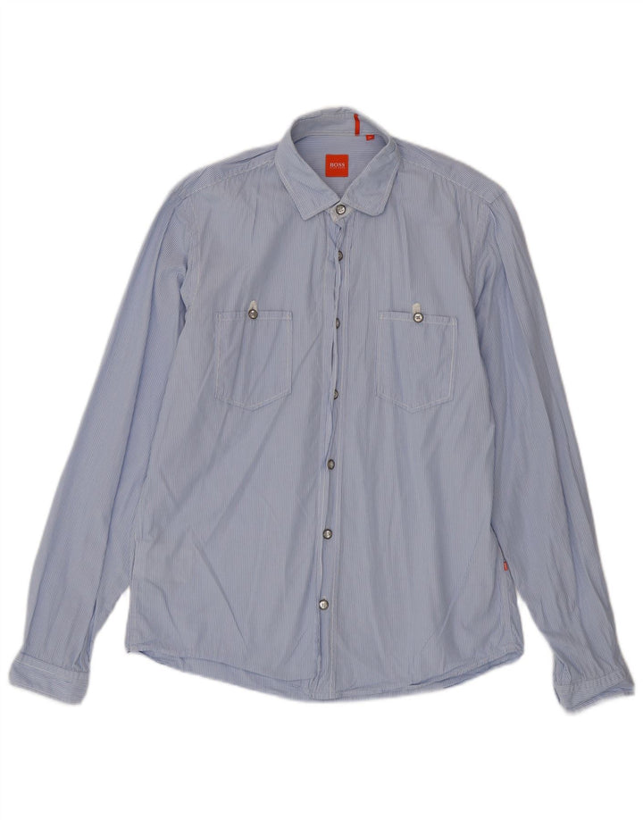 Camisa masculina Hugo Boss de algodão listrado azul médio